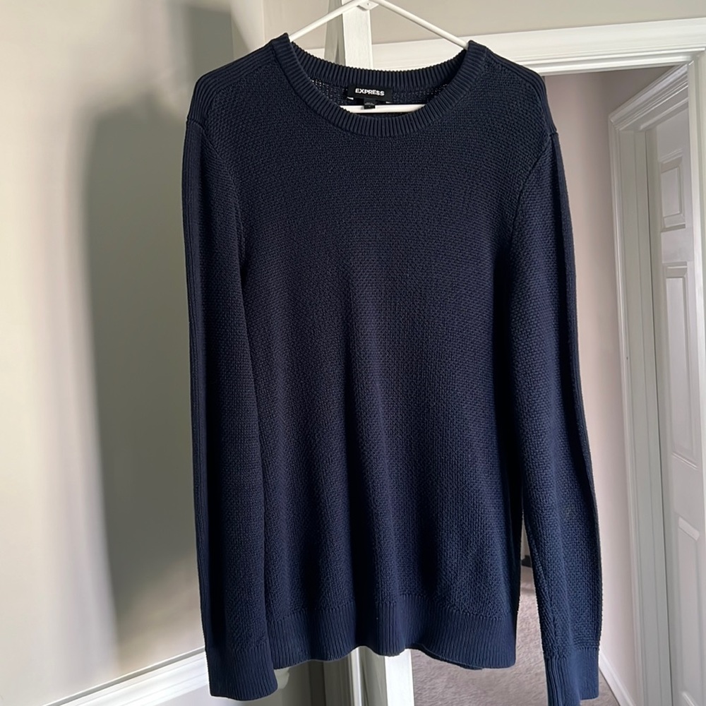 Express Mens Large Crewneck Knit Waffle Sweater Blue